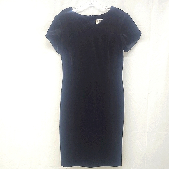 Velvet Little Black Dress Midi V Neck Zippered Lined Sheath Short Sleeve Stretch - Picture 1 of 10